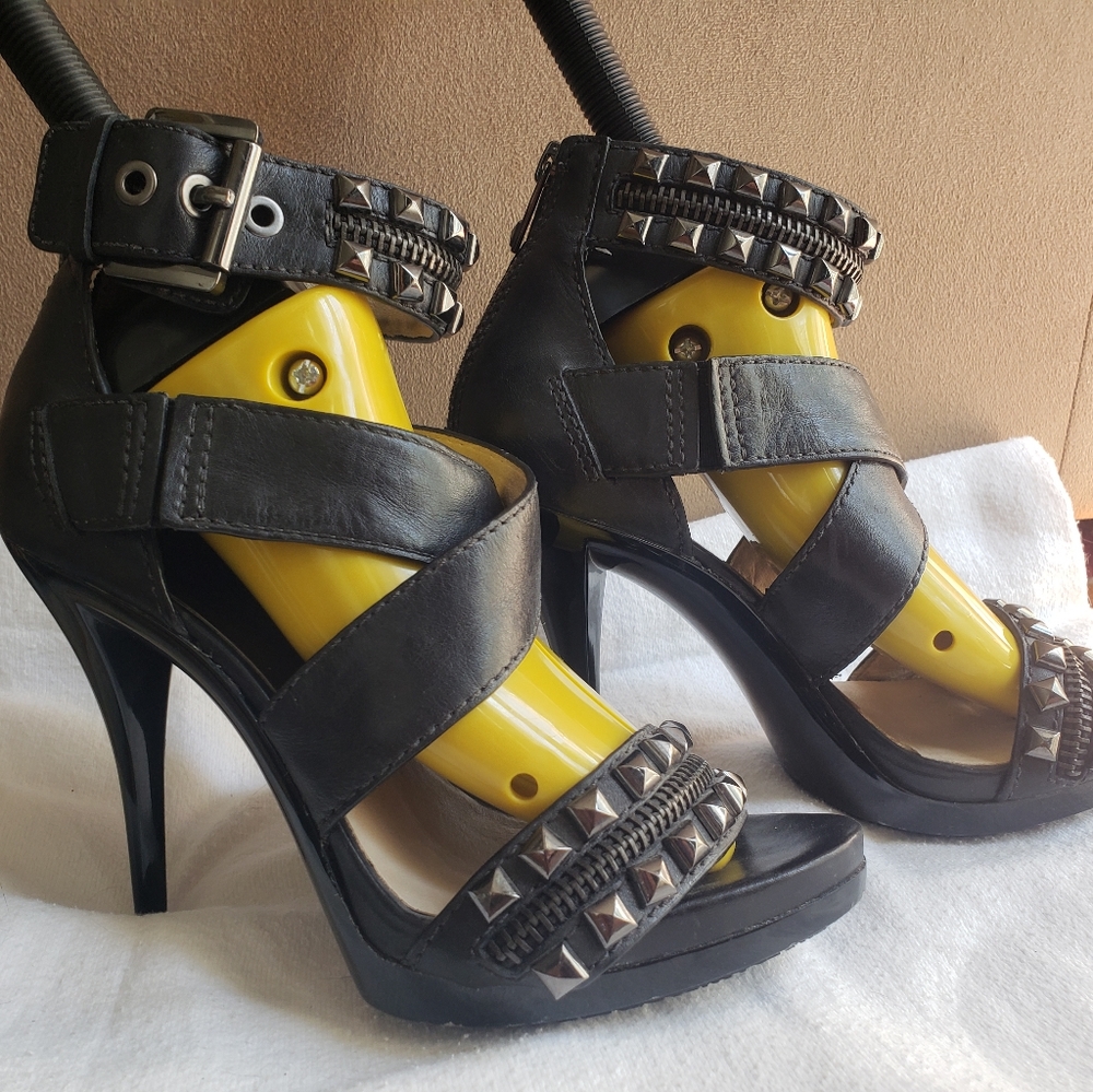 Studded Michael Kors black leather strappy stilettos.